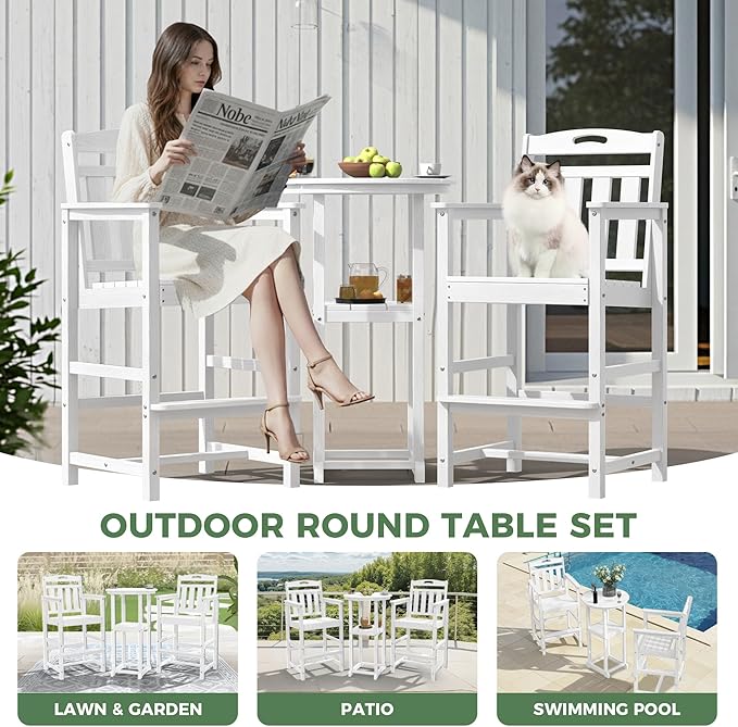 HDPE Outdoor Patio Tall Adirondack Bar Chair, All-Weather Bar Height Balcony Adirondack Stools for Bistro, Garden, Backyard, Deck | White