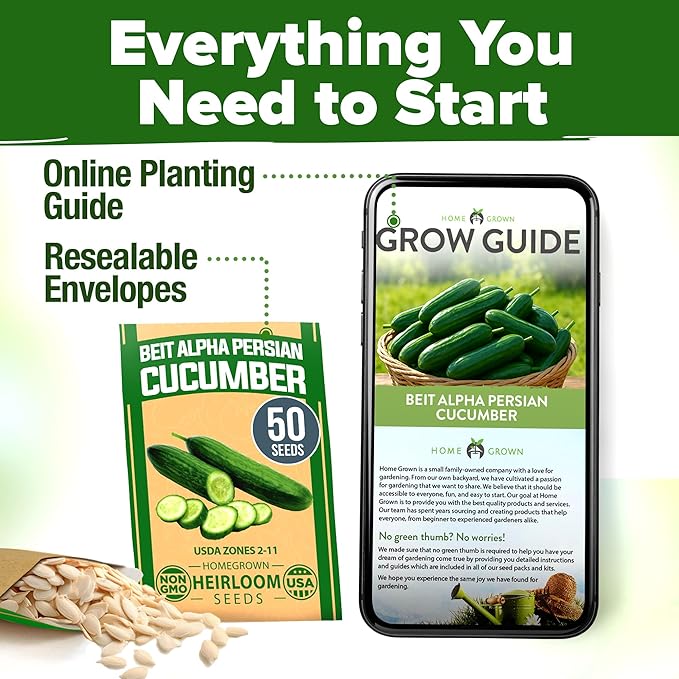 HOME GROWN π¨π¦π π£π₯ππ ππ¨π Persian Cucumber Seeds β 50+ Heirloom Non-GMO, High-Yielding Beit Alpha Variety | Fast Growing, Sweet Tender Skin, Home Vegetable Garden Seeds (Cucumis sativus)
