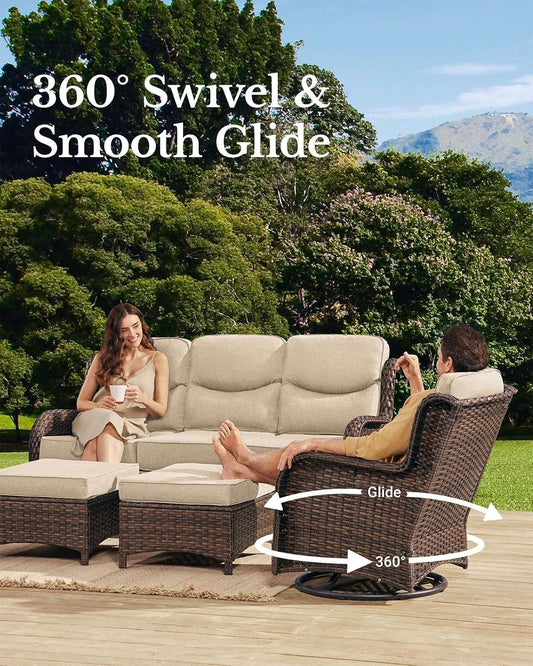 HILLGA Luxury Patio Furniture Set with 6-Inch Thick Cushions, High Back Outdoor Swivel Rocker Chairs and Patio Couch, 6-Piece All Weather Conversation Set for Porch Deck Pool Yard, Beige (V3)