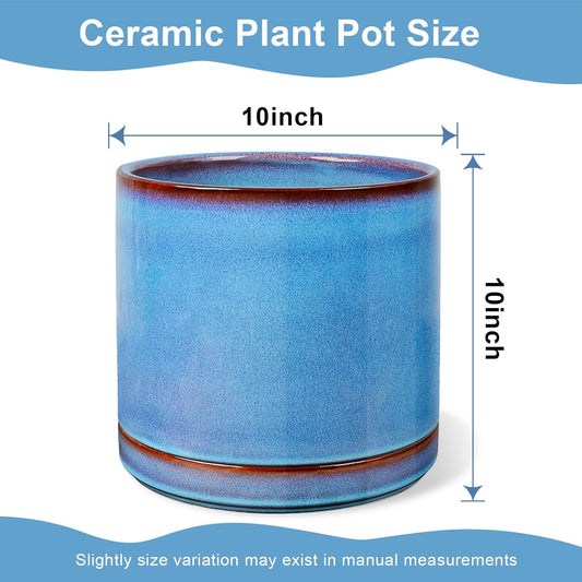 EFISPSS 10 Inch Plant Pot, Ceramic Large Planter for Outdoor Plants, Plant Pots with Drainage Hole and Saucers, Modern Flower Pot for Home Garden Patio Office - Blue