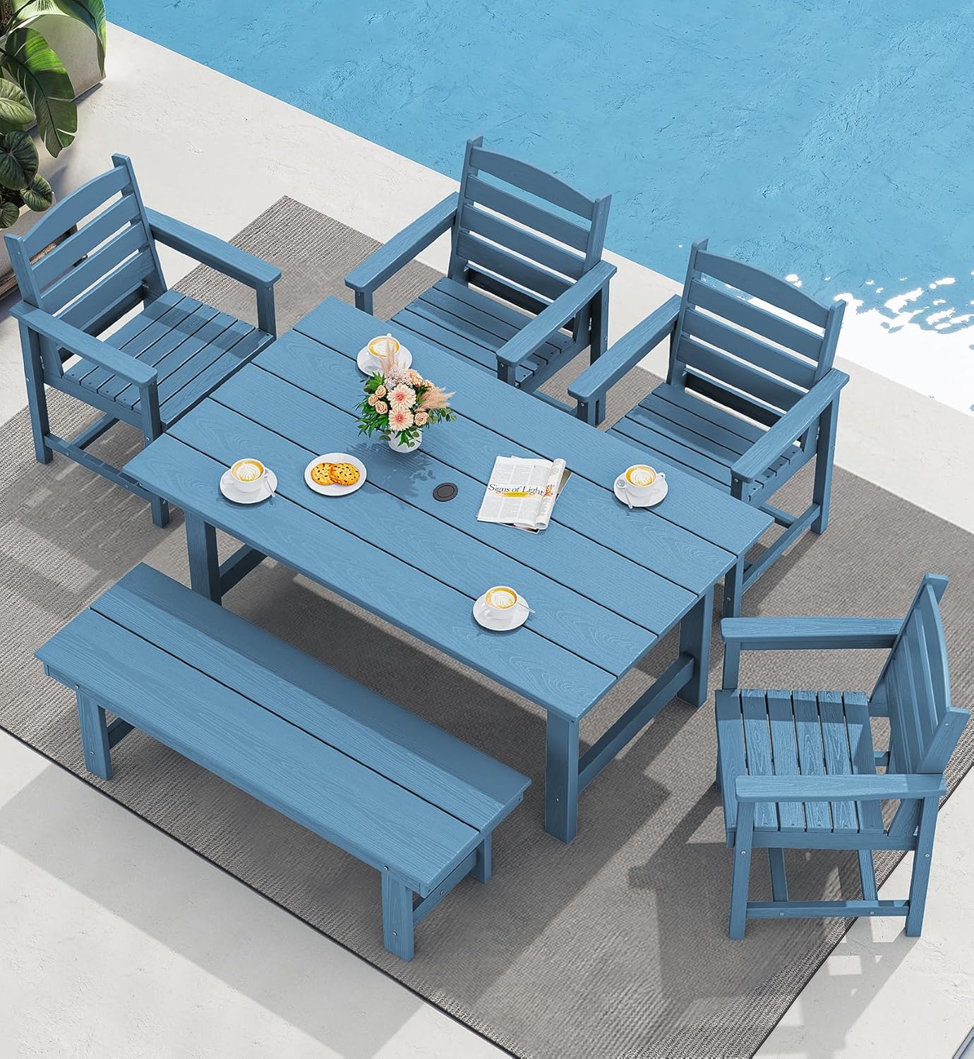 SERWALL Outdoor Dining Table, 67" Rectangle HDPE Dining Table for 6, Patio Table for Dining with Umbrella Hole, Blue