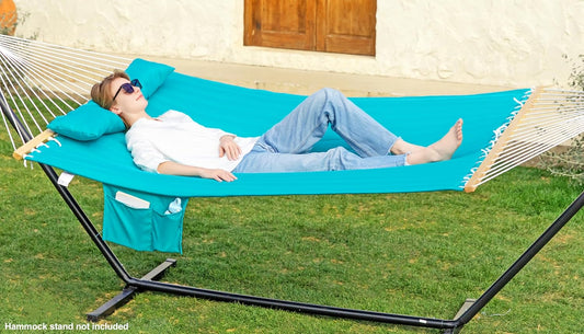 Double Quilted Fabric Hammock with Spreader Bar, Fits 12-14ft Hammock Stand, 2 Person 14ft Hammocks for Outside, Large Removable Pillow, Storage Bag, Carabiners, Max 475 lbs Capacity (Aqua)