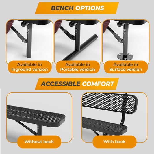 Heavy-Duty Outdoor Metal Bench, Thermoplastic-Coated, Inground, Weatherproof, Commercial-Grade for Parks, Gardens, Patios, Stores & More (6 Ft - Inground with Back, Red)