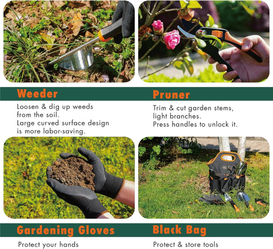 DTRK 8-Piece Large Garden Tool Set 304 Stainless Steel Garden Tool Kit with Handbag,Pruning Shears,Gloves Heavy Duty Gardening Hand Tools with Non-Slip Rubber Grip,Ideal Gifts for Women & Men Orange