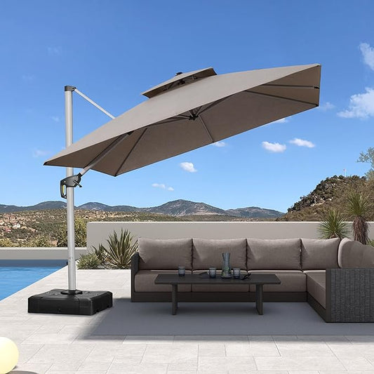 PURPLE LEAF 10ft Cantilever Outdoor Patio Umbrella Large Heavy Duty 360° Rotation Double Top Offset Rectangular Umbrellas for Backyard Deck Pool, Cast Ash
