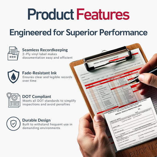 10 Pack Buck Annual Vehicle Inspection Label, 2-Ply Adhesive Vinyl with Mylar Laminate, FMCSA & DOT Compliant, Weatherproof, Tear Resistant, Easy to Write On, 5" x 4" - Made in USA