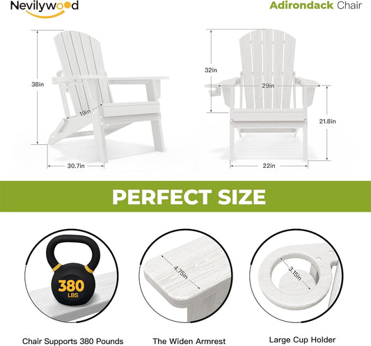 Folding Adirondack Chair, Ergonomic Extended Backrest, HDPE All-Weather, 380lbs Capacity, Maintenance-Free, Cup Holder, (White)- Outdoor Patio & Firepit Chair