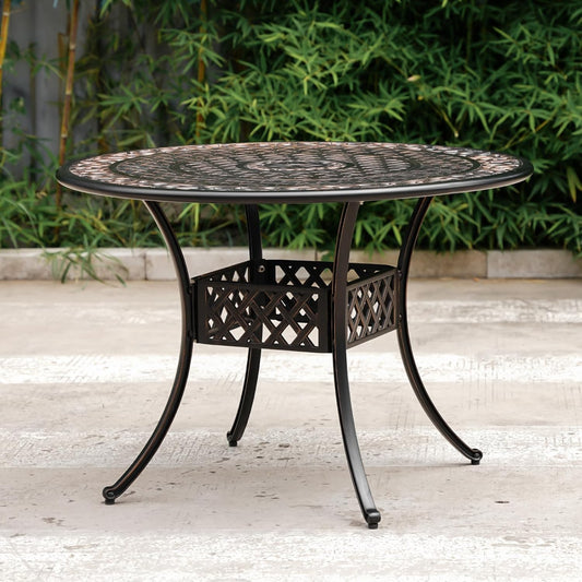 Cast Aluminum Outdoor Dining Table 42" Round Patio Dining Table with 1.7" Umbrella Hole,Large Garden Patio Table for 4-6 People, Bronze