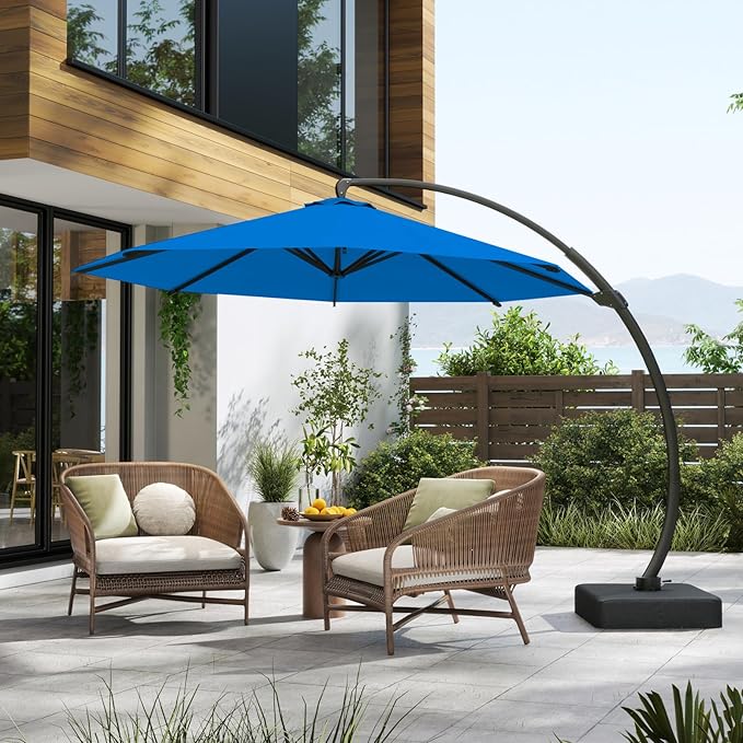 11FT Cantilever Umbrella with Base Large Curvy Outdoor Aluminum Offset Umbrella w/ 360° Rotation, UV Resistant Canopy for Patio, Garden, Backyard, Royal Blue