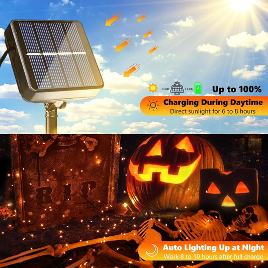 Joomer Orange Halloween Solar String Lights - 2 Pack Total 80FT 240LED Solar Fairy Lights, Waterproof Outdoor Twinkle Lights with 8 Modes for Garden, Porch, Trees, Halloween Decor (Black Wire)