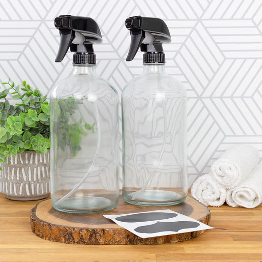 Cornucopia 32oz Glass Spray Bottles (2-Pack, Clear); Quart Bottles w/ 3-Setting Adjustable Trigger Sprayers; Includes Chalk Labels