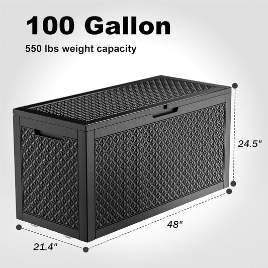 100 Gallon Resin Deck Box, Lockable Outdoor Storage Box for Patio Cushions Storage Furniture,Garden Tools, Pool Supplies, Weatherproof and UV Resistant(Black L)