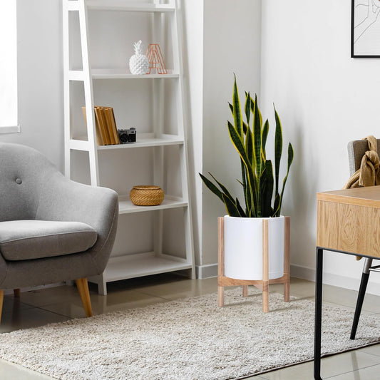 D'vine Dev Planter Pot with Stand - 12 Inch Plastic Cylinder Flower Pot with Wood Planter Holder for Indoor, Matte White Pot + Natural Stand, 55-C-P-1