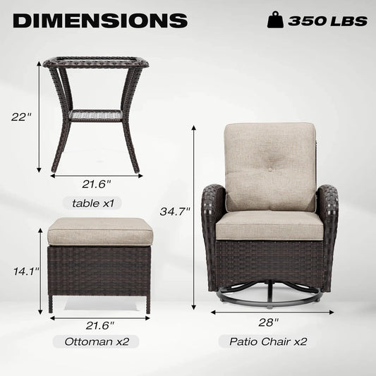 Joyside 5 Piece Patio Furniture Set, Outdoor Swivel Chair Sets with Thick Cushion and Ottoman, Wicker Patio Conversation Set for Porch, Deck Use (Brown/Beige, 5 PCS)