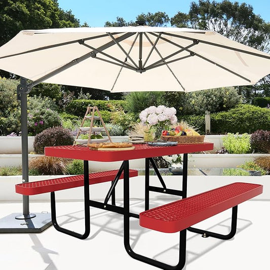48'' Rectangular Metal Picnic Table for Outdoors,Heavy-Duty Portable Commercial Picnic Tables Bench Set with Umbrella Hole,School Canteen Table W/Seats - Patio Dining Furniture for Patio Garden