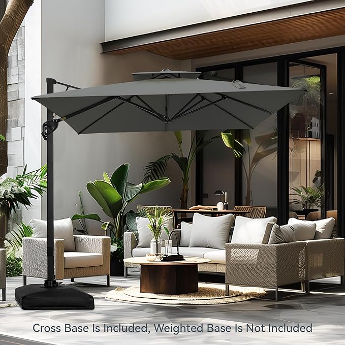 PHI VILLA 10'x 13' Cantilever Patio Umbrella, Outdoor Rectangle Large Umbrellas with Hydraulic Lift and 360°Rotation, Grey