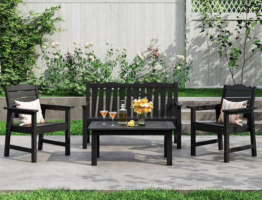 Patio Chairs Set, Weatherproof HIPS Outdoor Furniture, Include 2 Patio Dining Chairs + Outdoor Bench, Suit for Garden, Porch, Lawn & Backyard (Black)