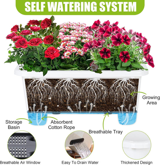 Self-Watering Rectangle Planter Boxes 8-Pack, 15.7-Inch Window Box Planter with Drainage Holes & Trays, Pots for Vegetables, Herbs, Flowers, Garden Windowsill Balcony (White, 15.7*8.3*7.1 inch)
