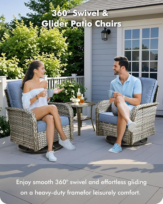 5 Pieces Patio Furniture Set,Outdoor Furniture with Rockers, Rattan Conversation Sets w/Coffee Table, Grey Wicker Blue Cushion