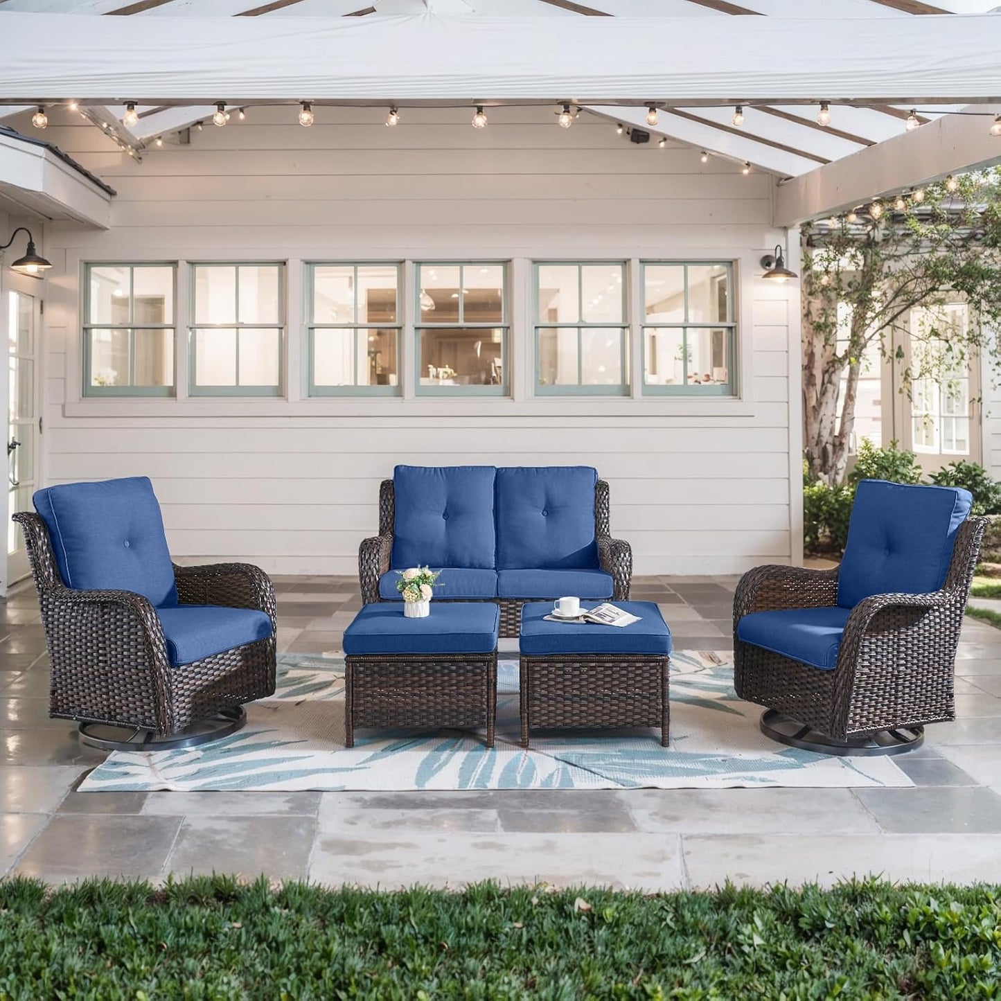 5 Piece Outdoor Patio Furniture Set - Wicker Furniture Patio Conversation Set, Outdoor Swivel Rocker Chairs with Loveseat Sofa and 2 Ottomans for Small Space, Brown Wicker Blue Cushion