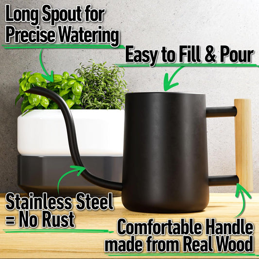 35 Ounce Metal Small Indoor Watering Can with Long Spout & Real Wood Handle for House Plants, Succulents, Cacti & Seedlings - Black Long Spout Watering Can Indoor Plants - Gentle Flow & No Spills