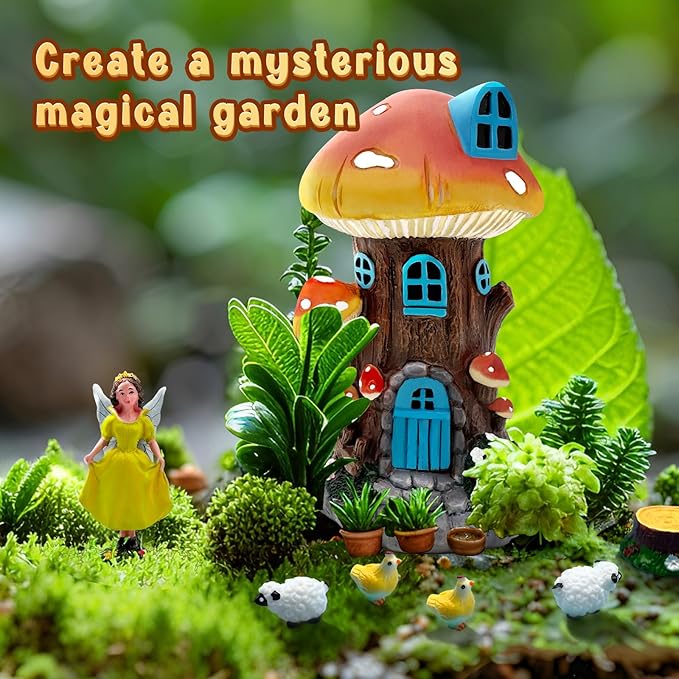 DONABELA Fairy Garden Kit Small Mushroom House Miniature Animals Figurines Accessories Outdoor Tiny Decor for Kids 18 PCS