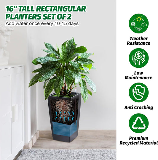 16" Tall Planters Set of 2, Outdoor&Indoor Black Planter Pots, High Front Porch Planter Pots with Drainage Holes&Water Level Monitor&Inner Bucket, Automatic Watering,Black