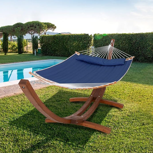 SUNCREAT Hammocks Standing Backyard Hammock with Stand, 2 Person Heavy Duty Hammock with 13.5 ft Wooden Stand, Navy