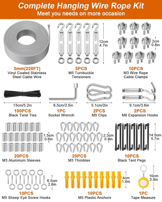 220 FT 1/8" Wire Rope Kit, 304 Stainless Steel Cable with M5 Turnbuckles for Cables Wire, Vinyl Coated String Lights Hanging Wires for Outdoor Camping, Trellis, Garden, Clothes line, Curtain, Festival