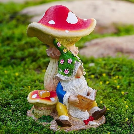 Upgraded Size Solar Garden Outdoor Statues Gnome Reading Under Mushroom with 5 LED Solar Figurine for Lawn,Patio,Balcony,Yard Decor Unique Housewarming Gift for Grandfather, Father,Grandma,Wen