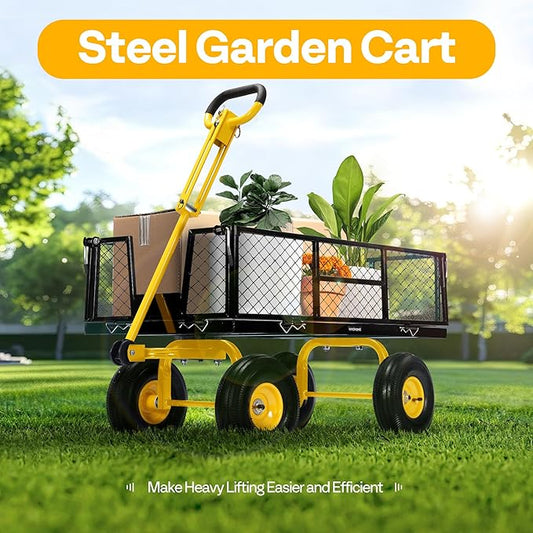 VIVOHOME Garden Cart Steel Heavy Duty 900 LBS Yard and Garden Wagon with 10 inch Tire and Handle Attach to ATV or Tractor Black