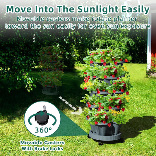 Strawberry Stackable Planters, Vertical Tower Garden, 6 Tiered Stacking Herb Vegetable Planters with Movable Casters and Bottom Saucer Indoor and Outdoor - Dark Grey
