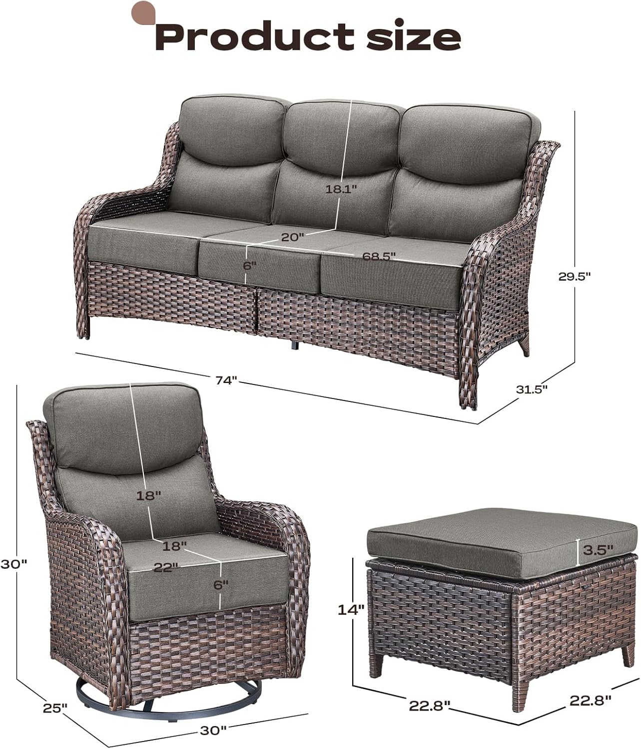 Wicker Outdoor Patio Furniture Set - 5 Piece Patio Conversation Sets with Swivel Rocker Chairs, Ottomans and Sofa, 6 inch Cushions, Waterproof Wicker, for Porch Deck Brown/Grey