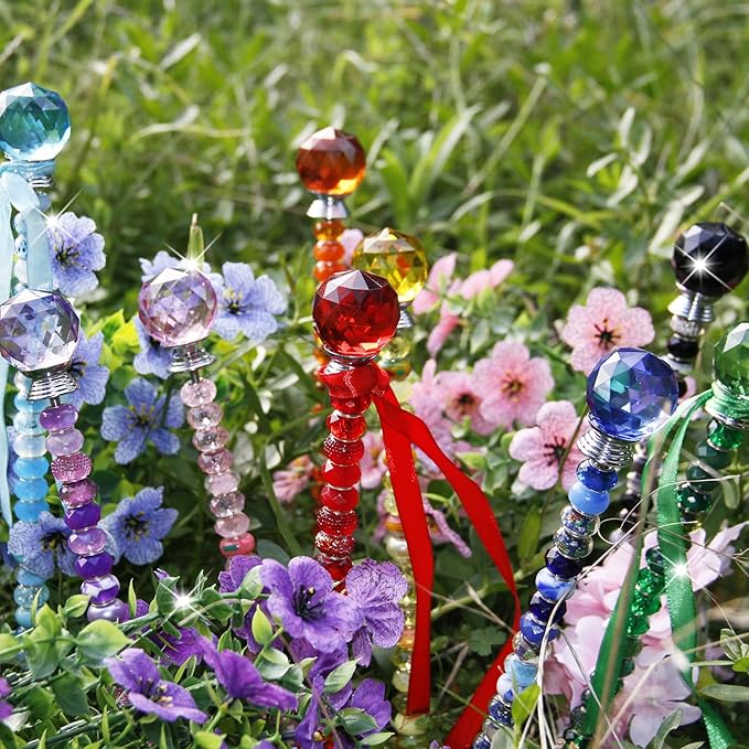 271 Pcs Beaded Garden Stakes Kit, DIY Fairy Wand Garden Stakes Beads Kit Colorful Large Hole Bead Crystal Stopper Top 9 Stainless Steel Threaded Rod Beaded Fairy Wands Supplies for Outdoor Decorative