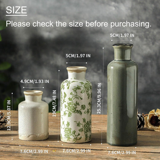 Vintage Vase Set of 3, Ceramic Vintage Flower Vases, Chinoiserie Decorative Home Decor Retro Floral Vase Rustic Farmhouse Decor for Table Bookshelf Mantel Kitchen Living Room Office - Green and Beige