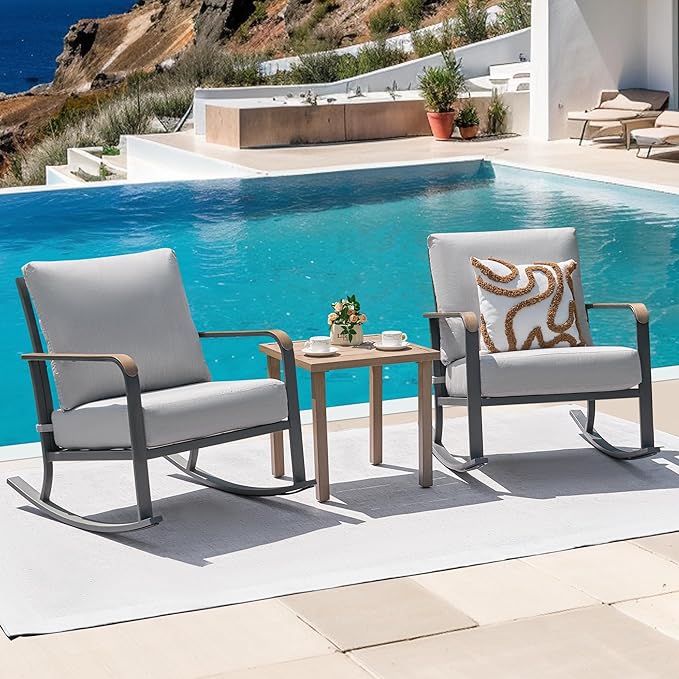 NATURAL EXPRESSIONS Glider Rocking Chair Bistro Set, 3 Pieces Outdoor Patio Furniture Conversation Set with 2 Rocker Chairs, 1 Table and Thick Cushions for Backyard, Porch, Balcony, 350lbs, Grey.