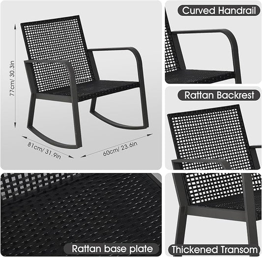 Bistro 3 Piece Patio Furniture Set, Patio Table and Rattan Outdoor Rocking Chairs Set of 2, Outdoor Bistro Conversation Set for, Garden, Balcony, Poolside, Backyard, Beige