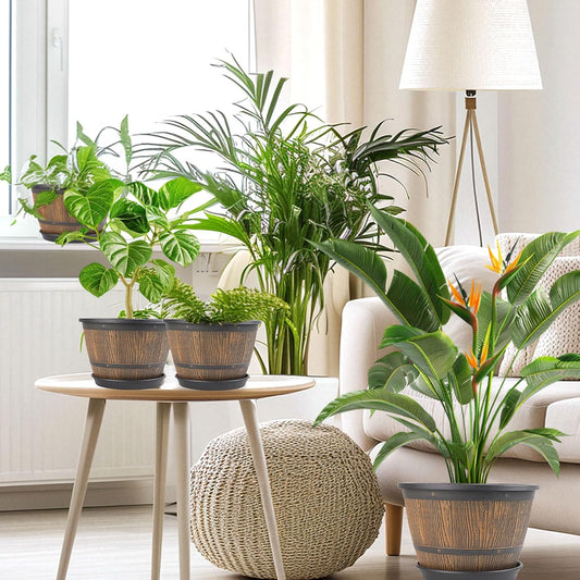 10-inch-Plant-Pots-Indoor-Outdoor, 4 Pack Whiskey Barrel Planters with Drainage Holes & Saucer, Plastic Flower Pots Imitation Wine Barrel Design, Decorative Garden Pots for Plants