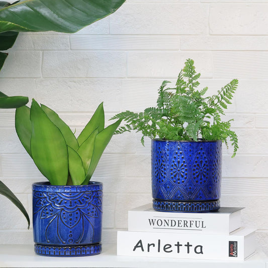 Ceramic Pots for Indoor Plants with Drainage Holes and Saucers, Ceramic Planter for Plants, Flower Pot - Set of 2