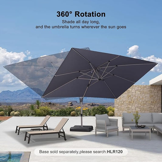 PURPLE LEAF 10' X 13' Patio Umbrella, Rectangle Outdoor Cantilever Umbrella, Aluminum Offset Umbrella with Champagne Frame and 360° Rotation for Pool Deck Garden, Light Grey