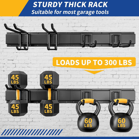 32 Inches Garage Storage, Garage Organization, Wall Mount Garden Tool Organizer, Max 300lbs Adjustable Metal Hooks, Yard Shed Hanging Rack, Heavy Duty Shelving for Rake Broom Mop Snowboard