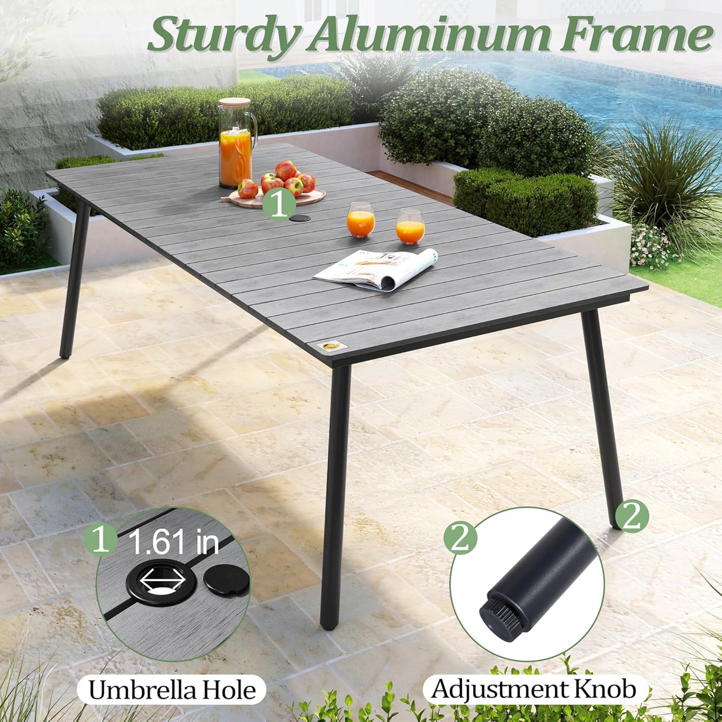 Outdoor Dining Table for 6-8, 82.7 inch Patio Dining Table with Wooden-Like Top and Aluminum Frame, Rectangular Table with Umbrella Hole Outdoor Furniture, Grey