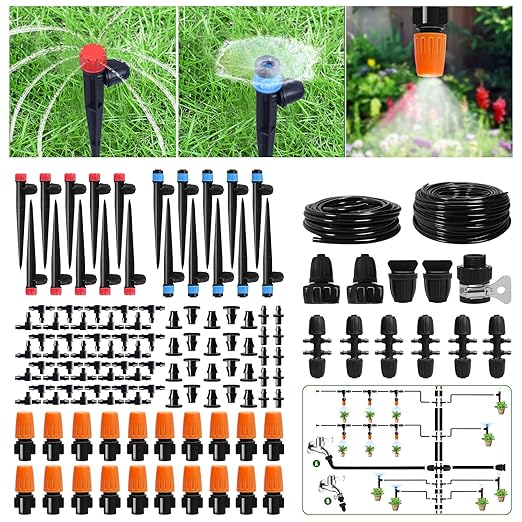 260 FT Drip Irrigation System Kit, Automatic Garden Watering System with 1/2" & 1/4" Tube for Greenhouse, Lawn, Raised Bed, Micro Misting Plant Sprinkler System, Adjustable Drip Emitters