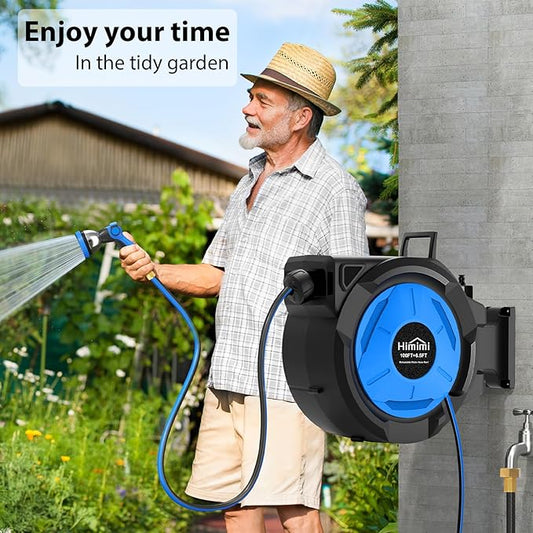 Retractable Garden Hose Reel, 1/2" x 100FT + 6.6FT Automatic Retractable Water Hose Reel Wall Mount, with 10- Function Sprayer Nozzle, Any Length Lock/Auto Rewind/180°Swivel