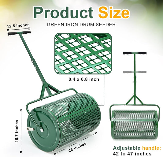 Hiboom 24 Inch Compost Spreader, Peat Moss Spreader, Manure Roller with Adjustable T Shaped Handle, Lightweight Metal Mesh for Lawn Garden Spreading Manure Topsoil (Green)