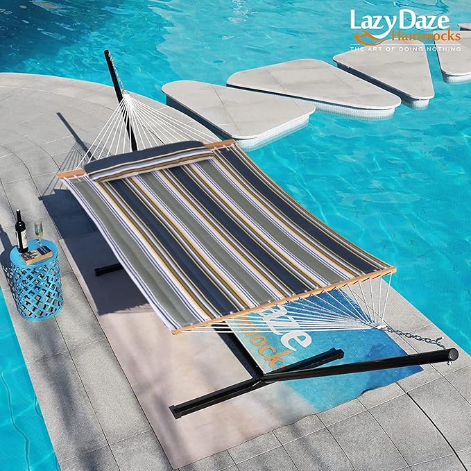 Lazy Daze Hammocks 12 FT Quilted Fabric Double Hammock with Spreader Bars and Detachable Pillow, 450lbs Weight Capacity