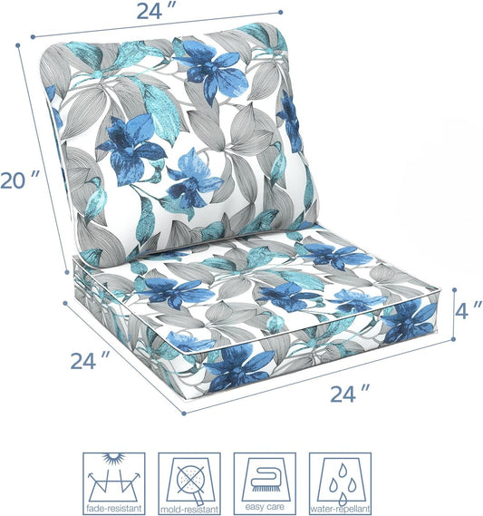 LVTXIII Outdoor Seat and Back Cushion Patio Deep Seat Cushion Set Seasonal Chair Cushion for Wicker Chairs and Garden Furniture Decoration, 24"x24"x4", Clemens Noir Blue