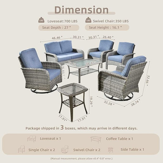 7-Piece Wicker Patio Furniture Set, All-Weather Rattan Conversation Bistro Loveseat Chair and Patio Rockers Set for Backyard, Balcony and Deck with Soft Cushions and Metal Table(Blue)