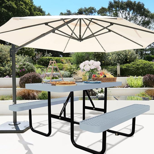 48'' Rectangular Steel Picnic Table for Outdoors,Commercial Metal Picnic Table Bench Set with Umbrella Hole,School Canteen Table W/Seats - Heavy Duty Sturdy Picnic Tables for Patio Garden