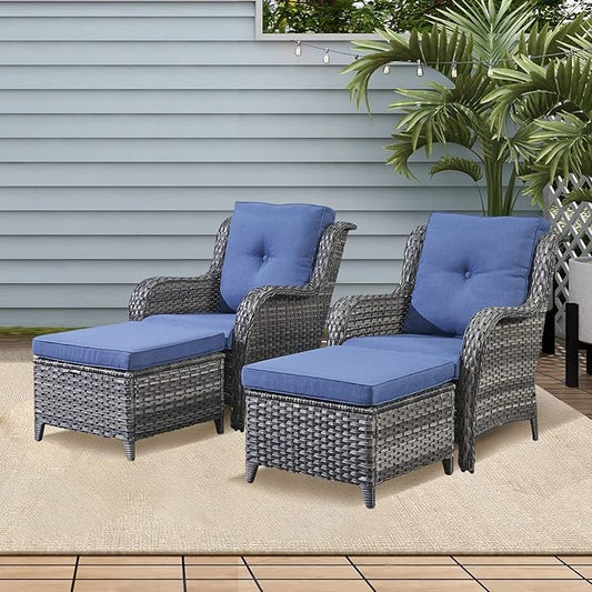 Rilyson Wicker Patio Furniture Set - 4 Piece Rattan Outdoor Sectional Conversation Sets with 2 Chairs and 2 Ottomans for Porch Deck Garden(Mixed Grey/Blue)